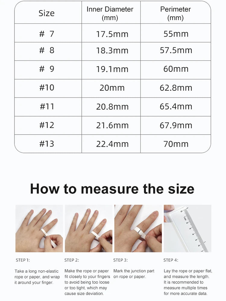 Smart fitness ring sizing guide: A table of finger sizes and a step-by-step visual guide to measuring finger diameter.