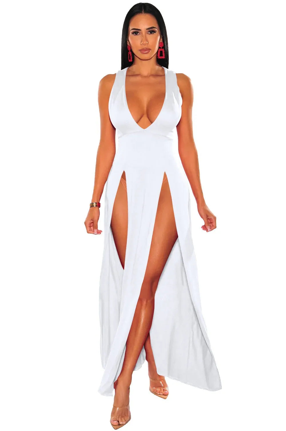 White sleeveless bodycon maxi dress with deep V-neck and dual high thigh slits worn by a model.
