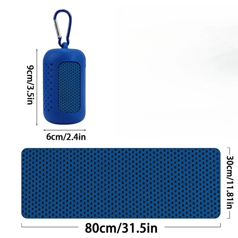 Blue cooling towel with mesh texture, shown folded in a silicone carry case with a carabiner. Includes dimensions.