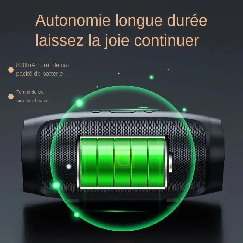 A black cylindrical portable Bluetooth speaker featuring a glowing green battery icon indicating 6 hours of playback time.