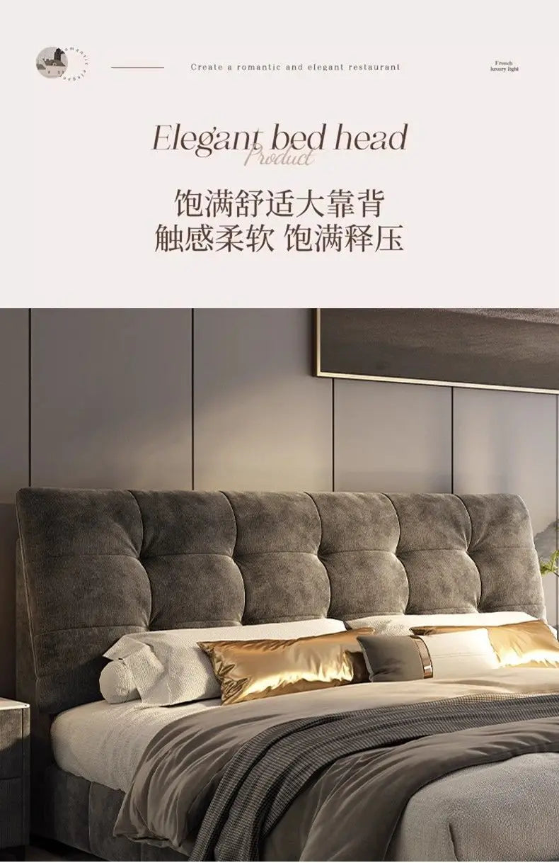 Modern grey upholstered bed frame featuring a plush, tufted headboard for a luxurious, minimalist bedroom aesthetic.