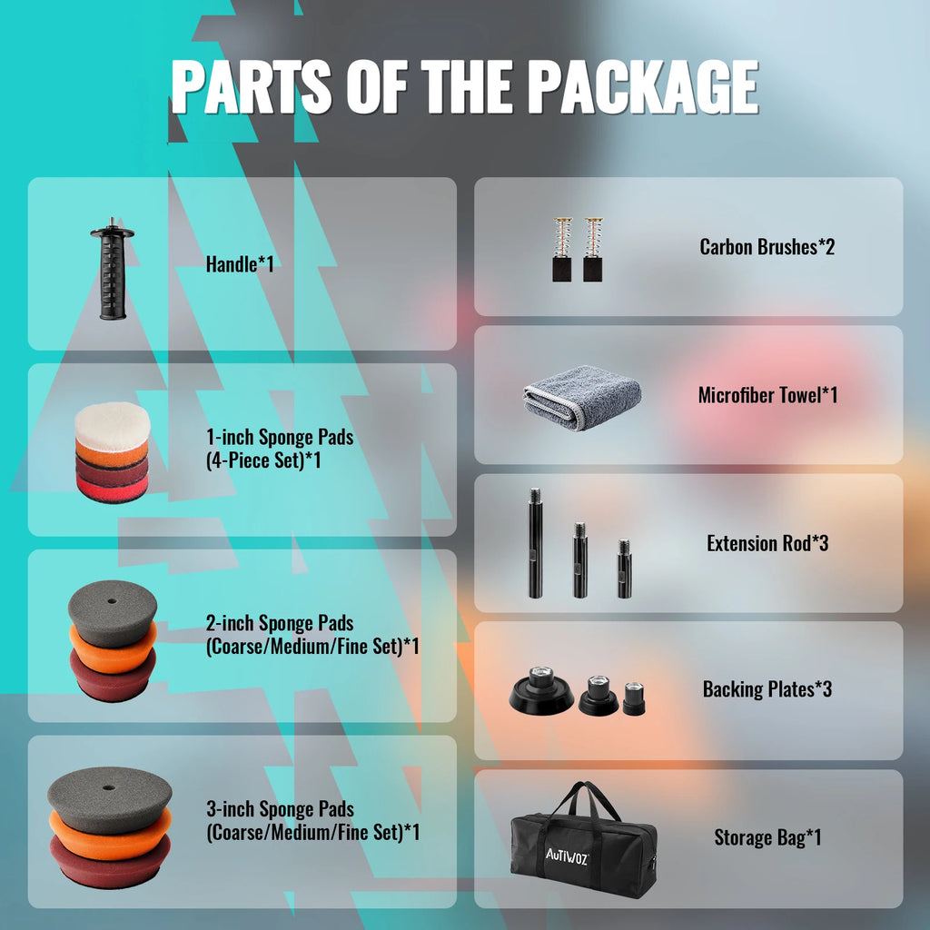 Autiwoz mini car polisher kit parts including handle, sponge pads, microfiber towel, extension rods, and backing plates.