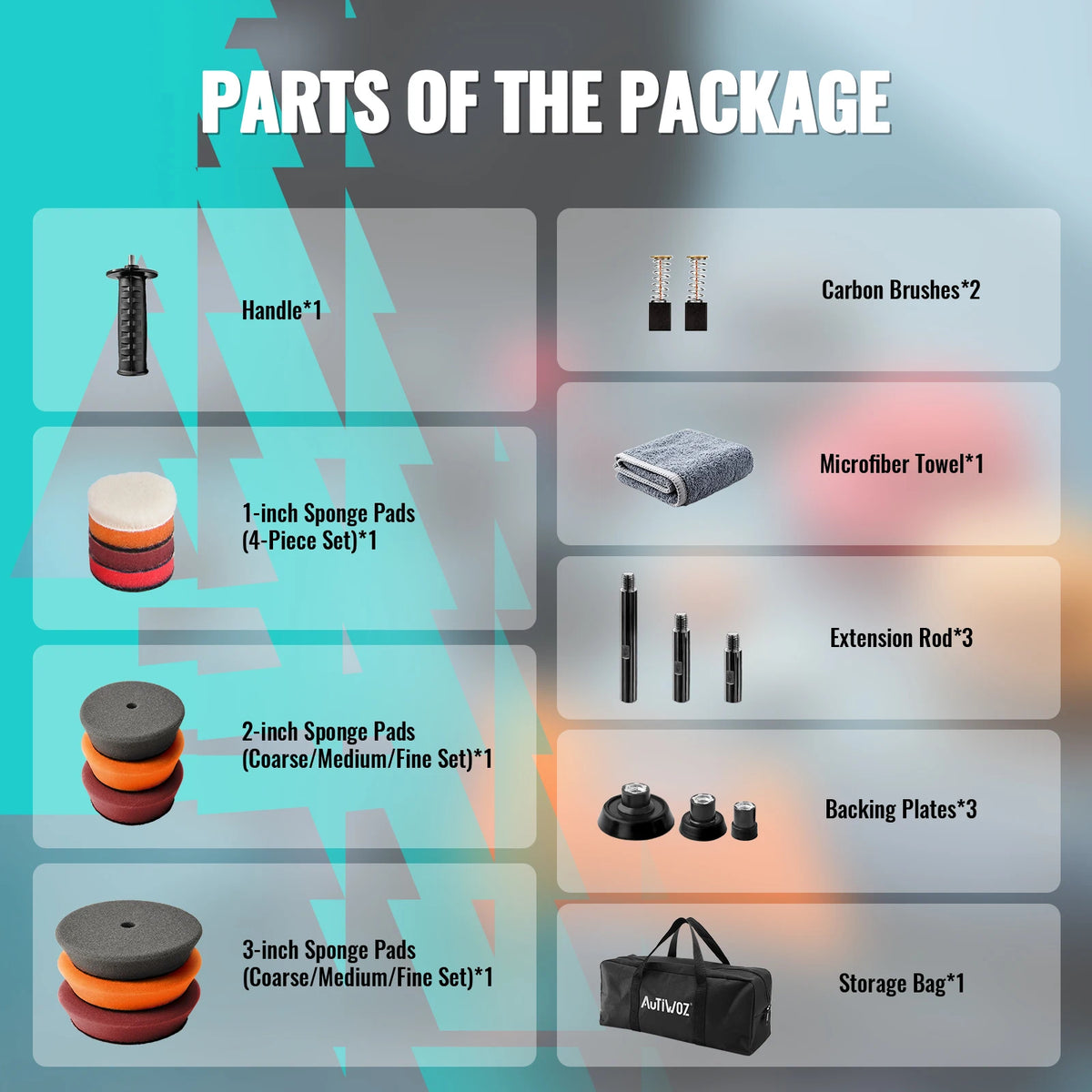Autiwoz mini car polisher kit parts including handle, sponge pads, microfiber towel, extension rods, and backing plates.