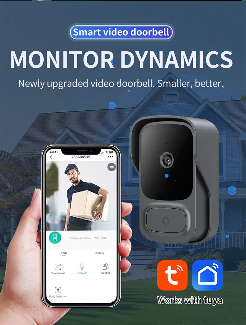 A compact, grey smart wireless video doorbell, shown next to a smartphone app displaying a live camera feed.