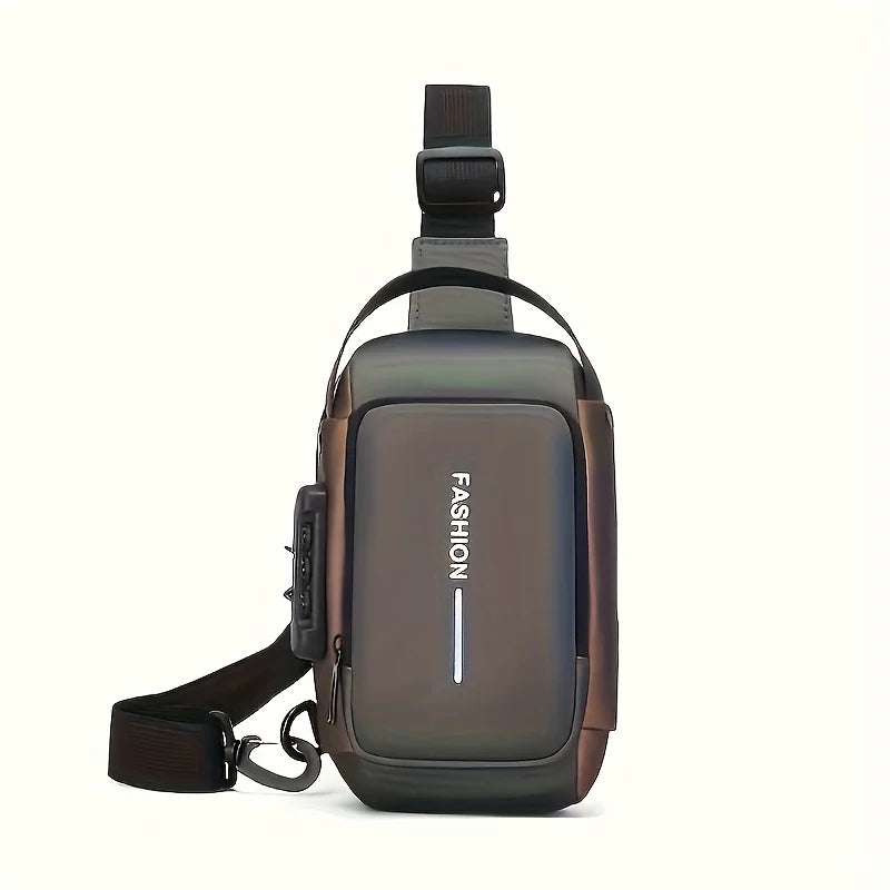 Metallic brown anti-theft sling bag with a secure zip lock, adjustable shoulder strap and modern, sleek design.