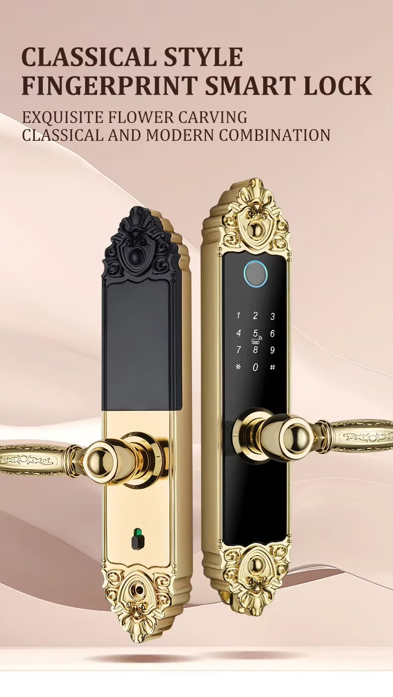 Gold metal smart door lock with intricate carvings, a digital keypad, and fingerprint scanner.