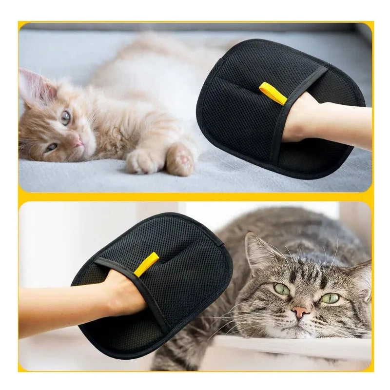 Black mesh pet grooming mitt with a yellow strap, shown being used to stroke two different cats.