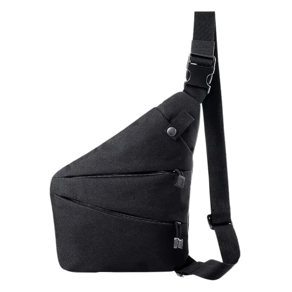 Black, lightweight, anti-theft crossbody sling bag with adjustable strap and secure zipped compartments.