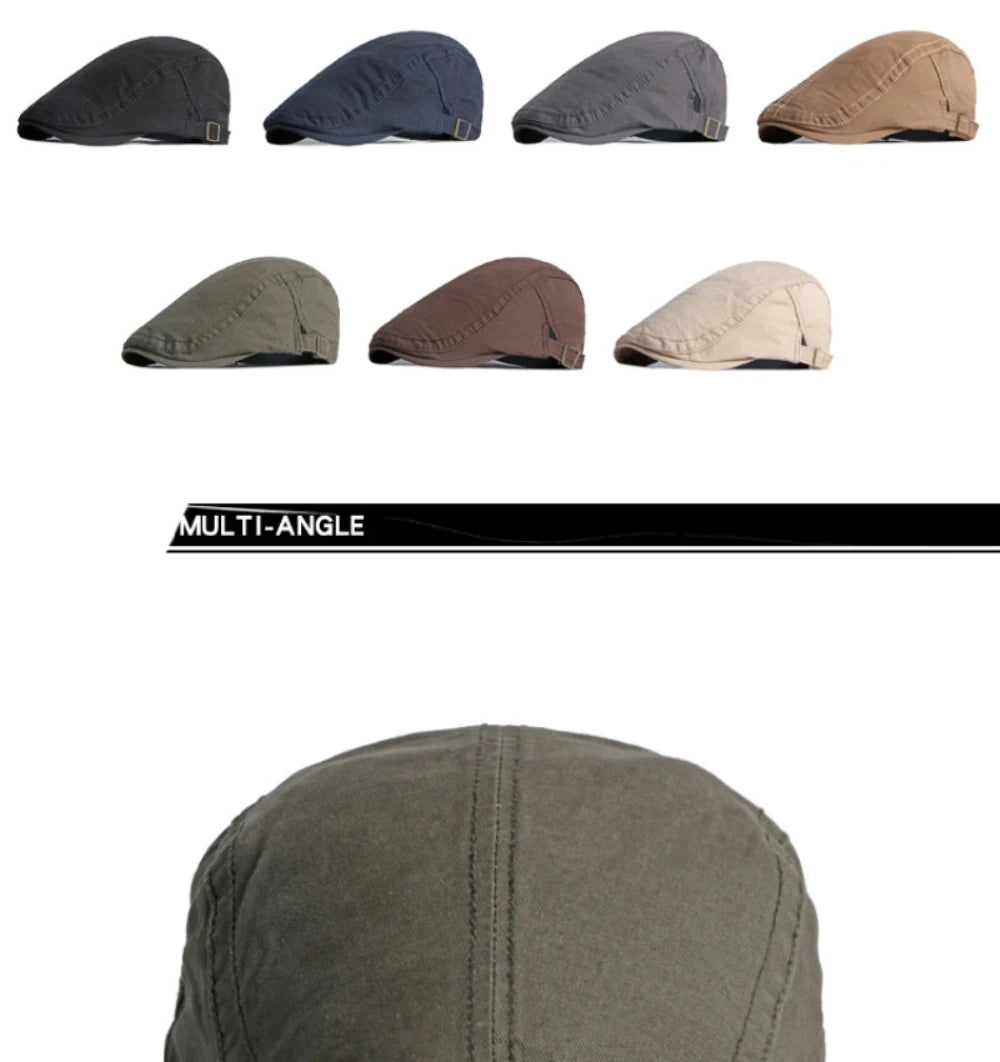 A collection of unisex cotton flat caps available in various neutral colours, featuring an adjustable side strap.