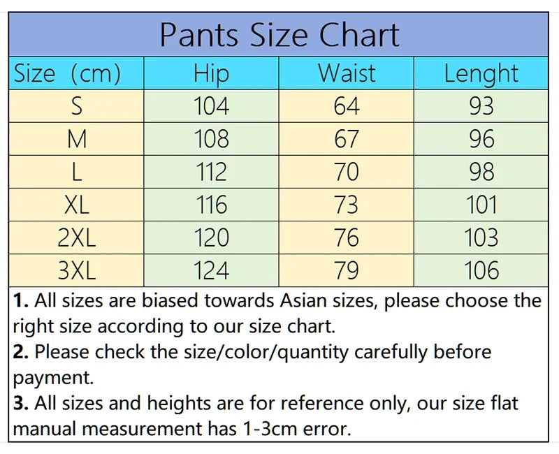 Pants size guide table showing measurements in cm for sizes S to 3XL, including hip, waist, and length dimensions.