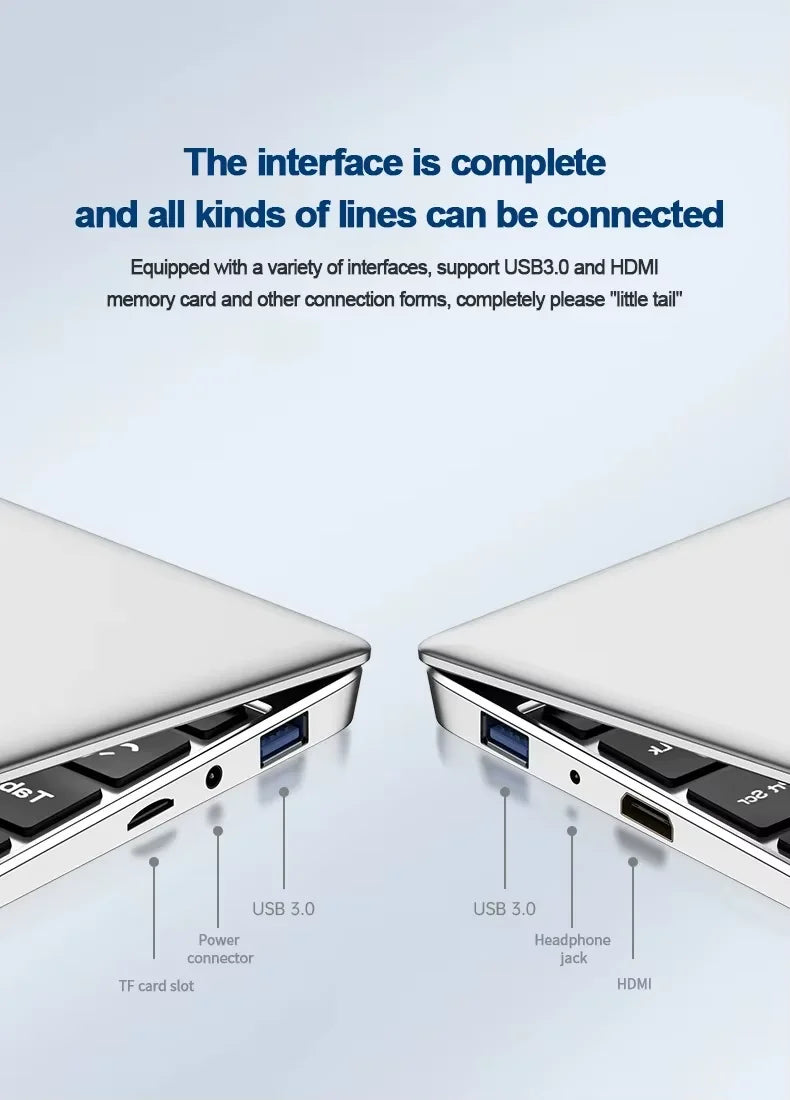 Slim silver 14.1-inch laptop showing side ports including USB 3.0, HDMI, power connector, headphone jack and TF card slot.