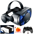 Black VR headset with integrated headphones, a head strap, a gift box, and a game controller.