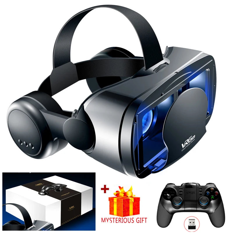 VRG Pro black virtual reality headset with built-in headphones, adjustable straps, and a smartphone compartment.