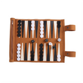 Brown roll-up portable backgammon set with black and white points, playing pieces, and dice.