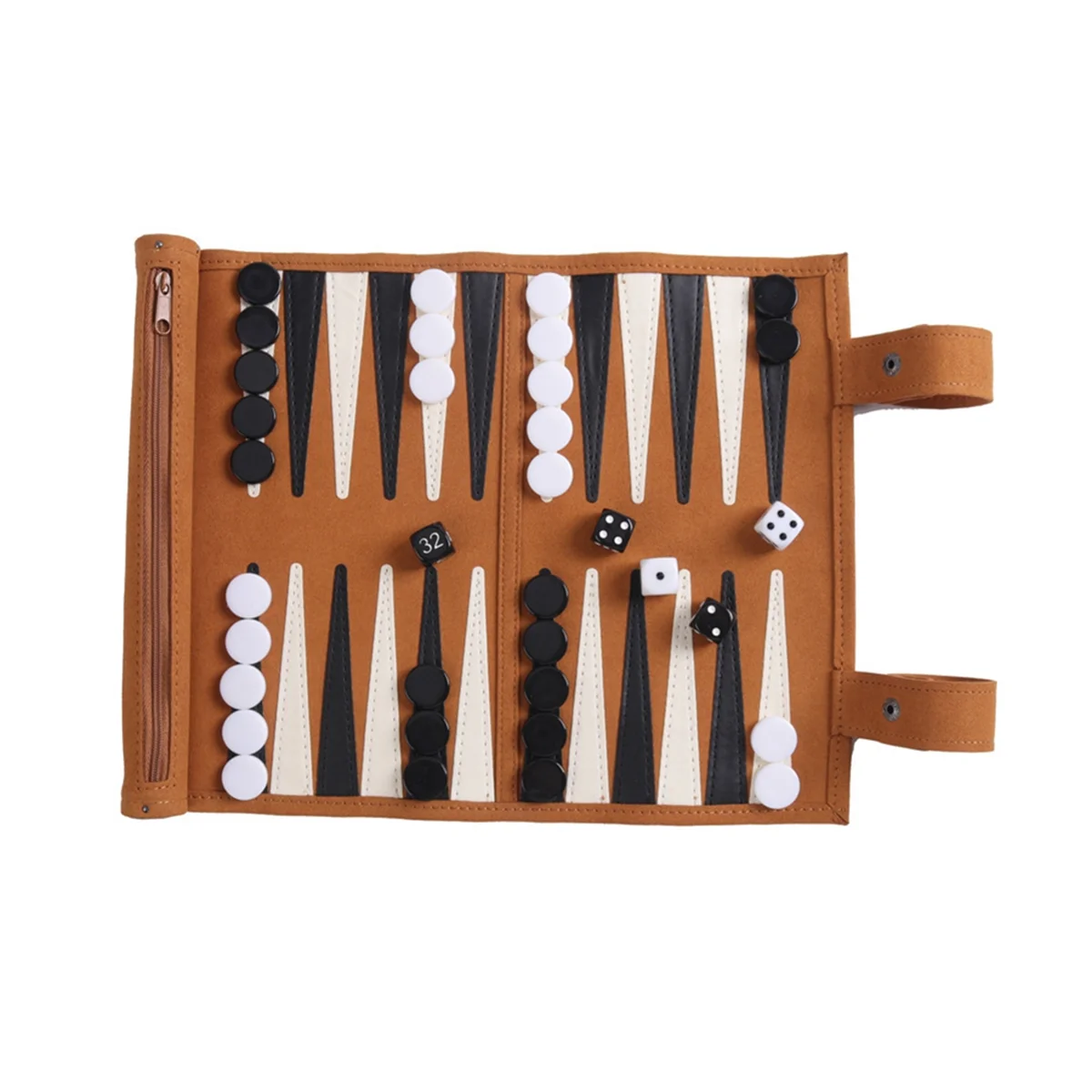 Brown roll-up portable backgammon set with black and white points, playing pieces, and dice.