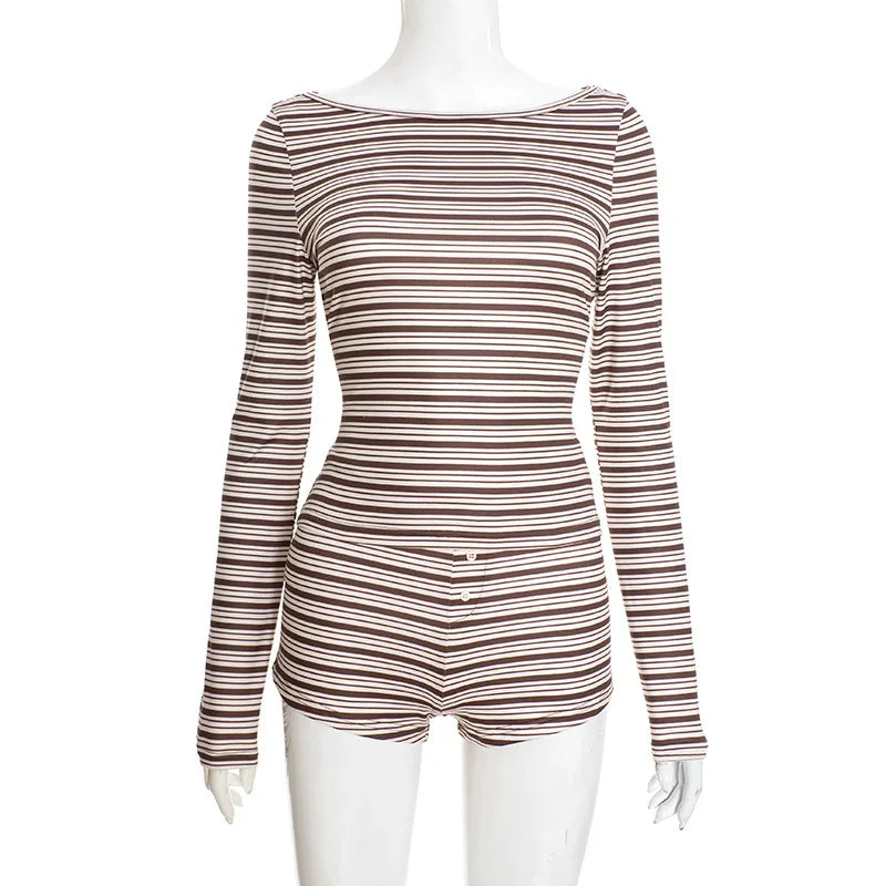 Brown and white striped long-sleeve bodysuit with a scoop neck and button-front detail on a mannequin.