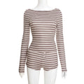 Brown and white striped long-sleeve bodysuit with a scoop neck and button-front detail on a mannequin.
