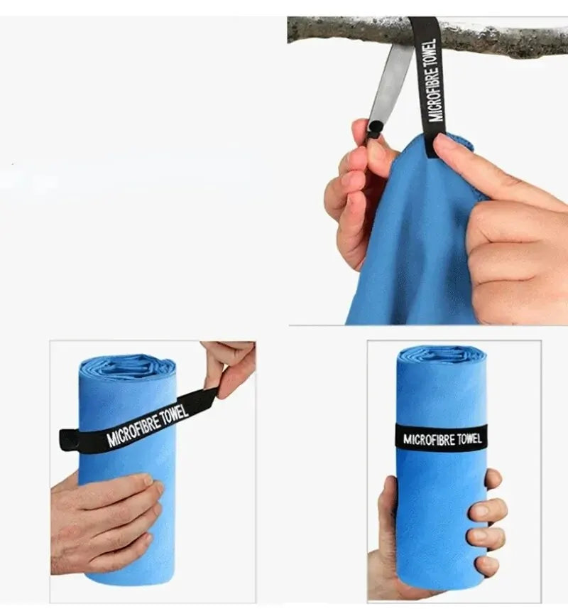 Blue microfibre towel rolled up with a branded elastic hanging strap, shown being used and packed.