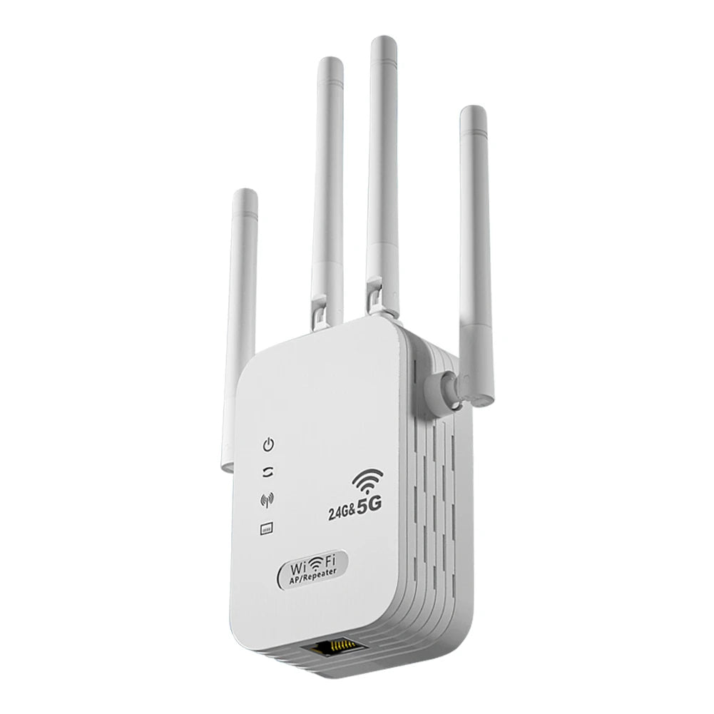 White dual-band WiFi repeater with four external antennas and an ethernet port at the base.