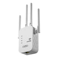 White dual-band WiFi repeater with four external antennas and an ethernet port at the base.