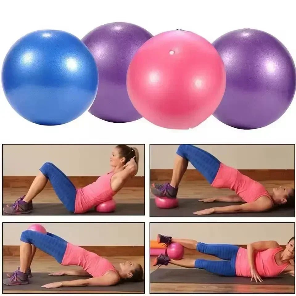 Set of four colourful Pilates yoga balls shown with a person demonstrating various core and strength exercises.