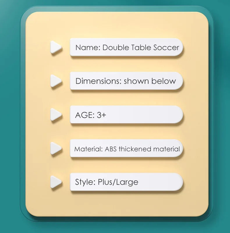 Information card for a large double table soccer game, ages 3+, made from durable thickened ABS material.