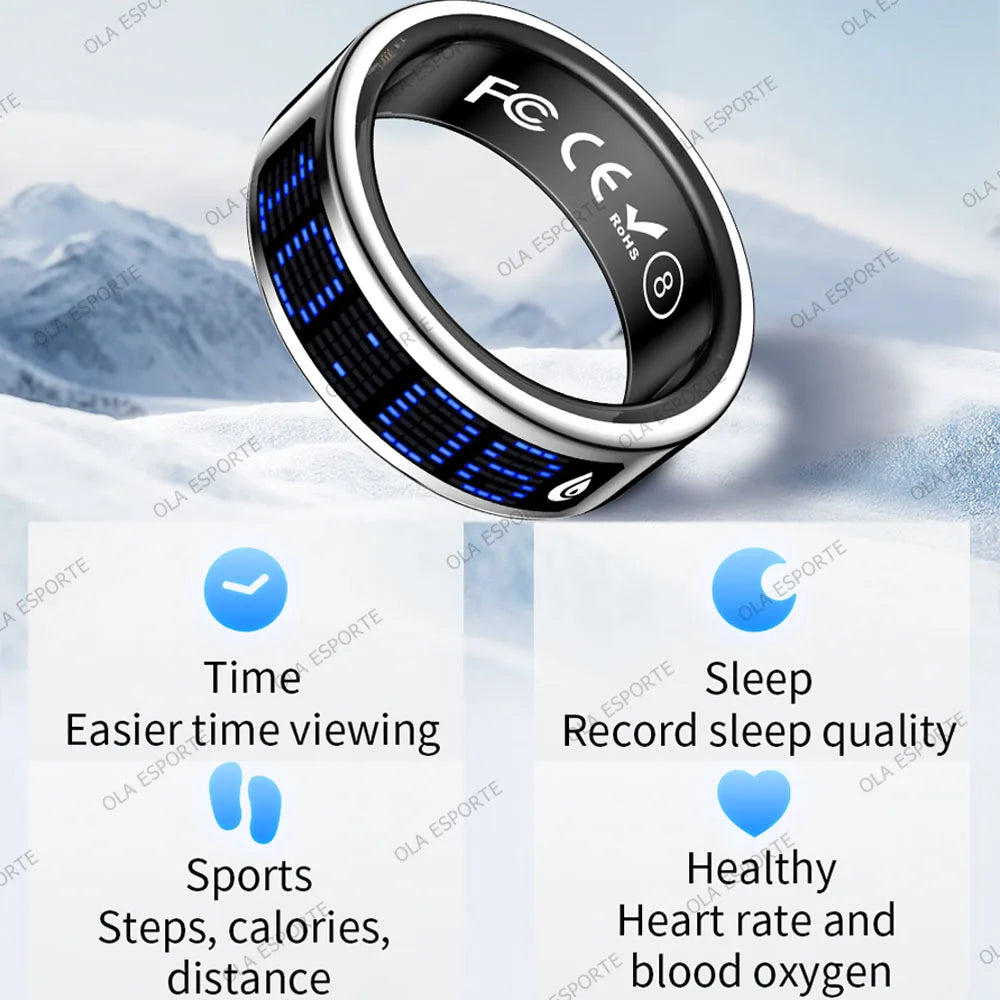 Sleek silver smart ring with a blue digital touch display, showing features for time, sleep, sports, and heart health.