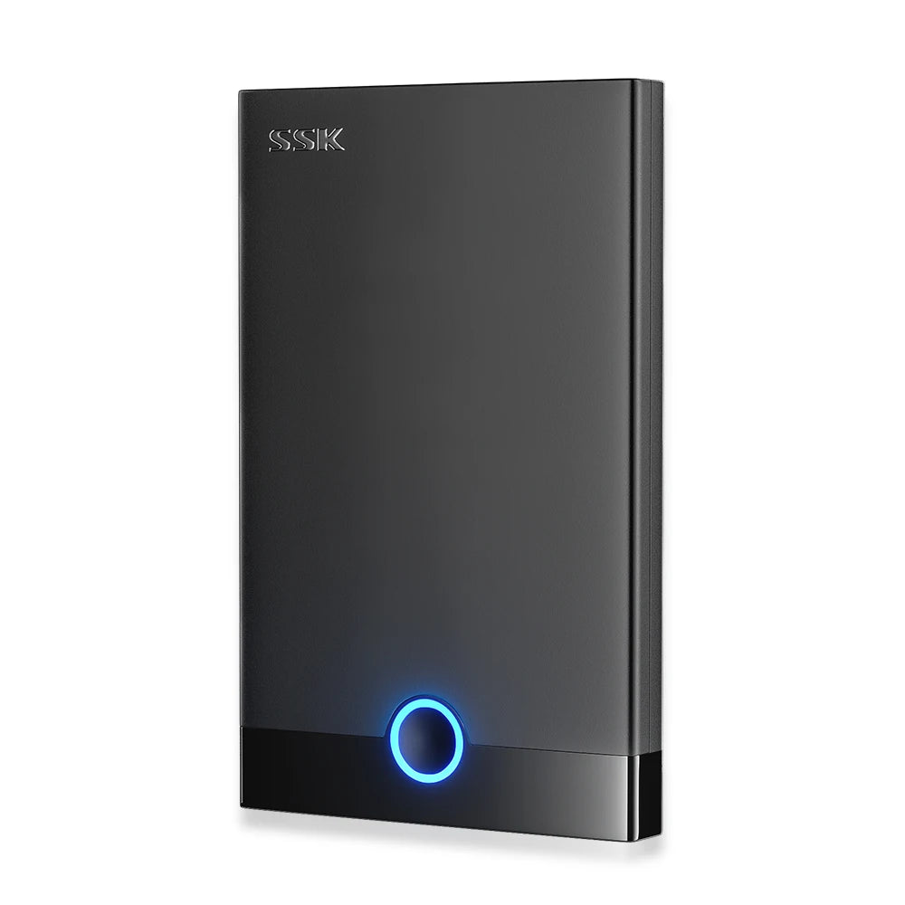 Black rectangular retro gaming HDD with SSK logo and glowing blue circular indicator light at the bottom.