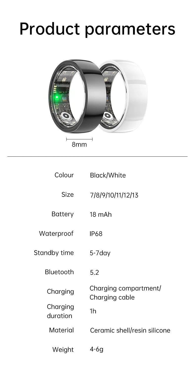 Black and white 8mm smart fitness rings with visible internal sensors and circuitry.