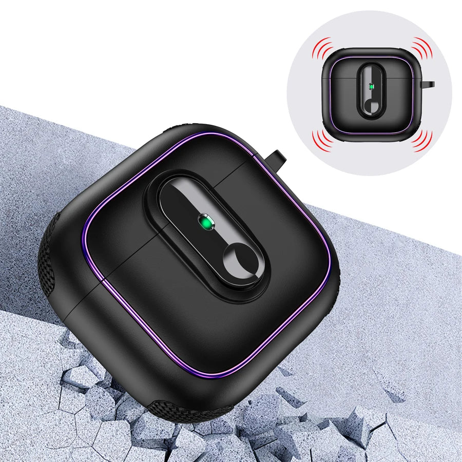 Black rugged AirPod case with purple trim and secure locking mechanism. Compatible with AirPods 3.