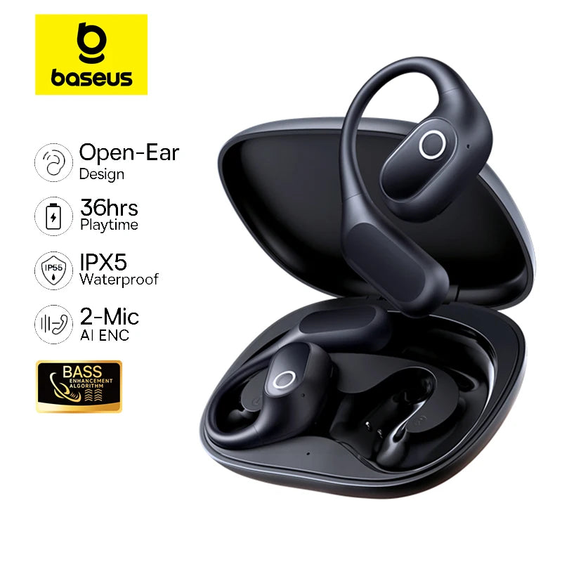 Black open-ear wireless earbuds with ear hooks in a matching charging case.