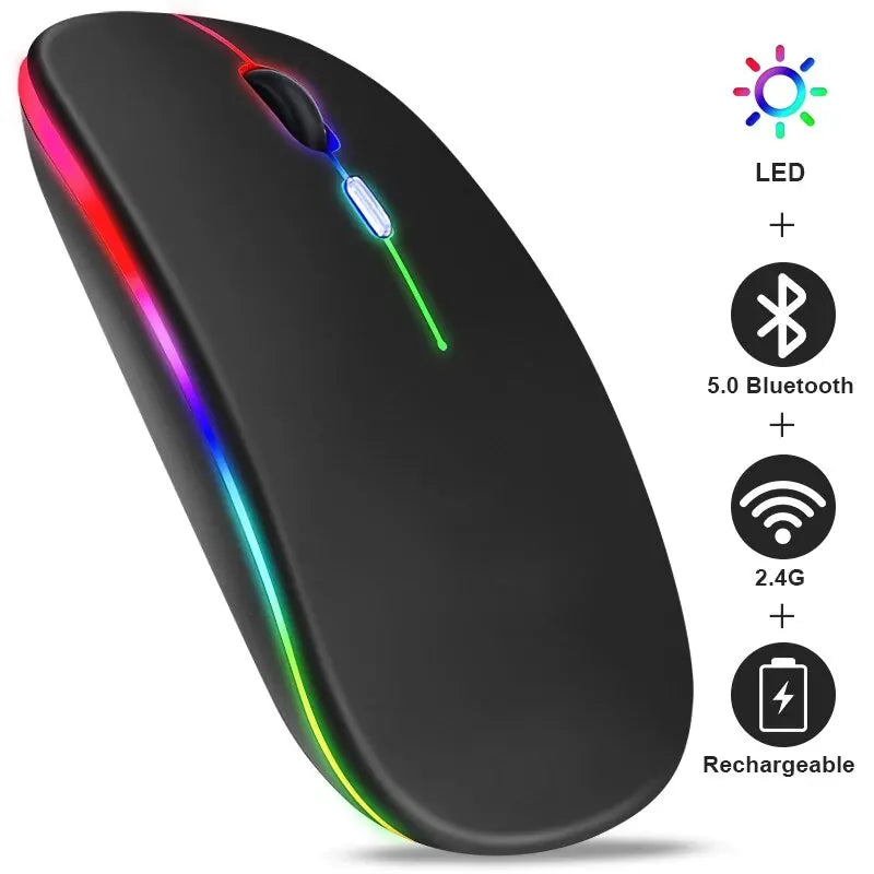 Sleek black wireless gaming mouse featuring vibrant RGB LED lighting, Bluetooth 5.0, 2.4G connectivity, and rechargeable.