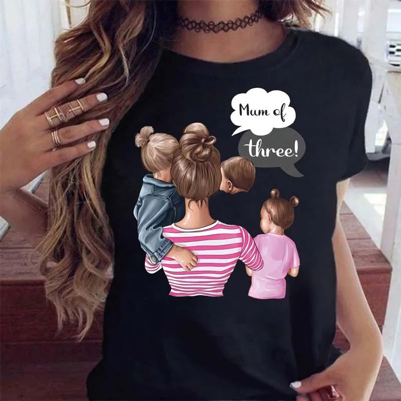 Black t-shirt featuring an illustrated back view of a mother holding her three children, with the text "Mum of three!"