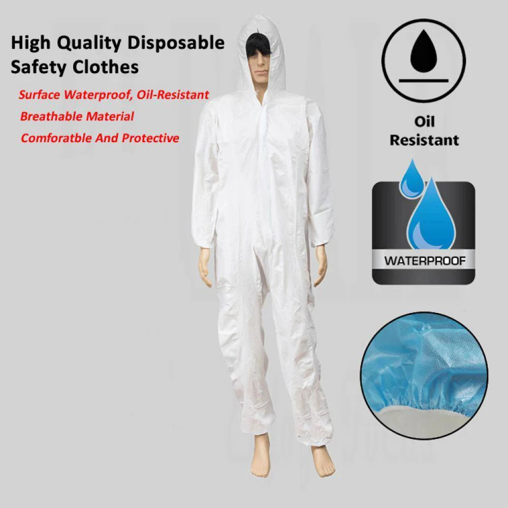 White disposable hooded safety coveralls made of breathable, waterproof, and oil-resistant material.