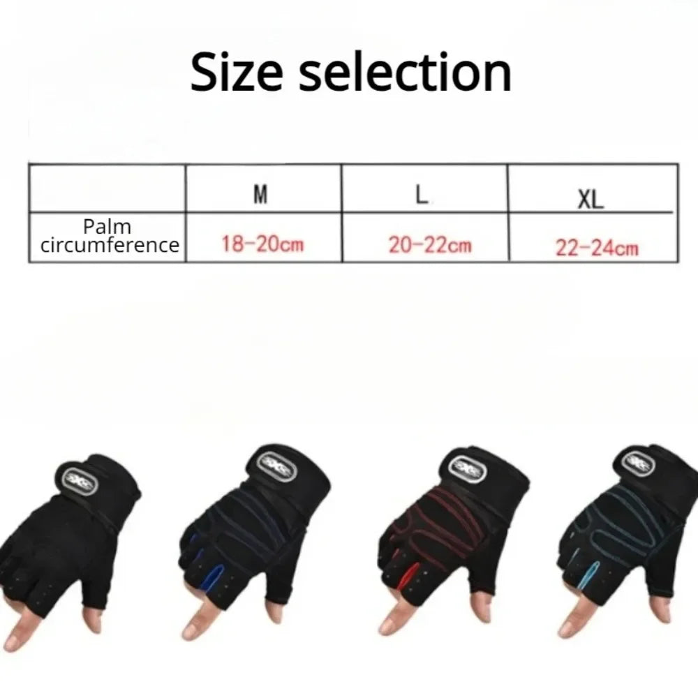 Size guide for fingerless gym gloves, showing four colours and a palm circumference measurement table for sizes M to XL.