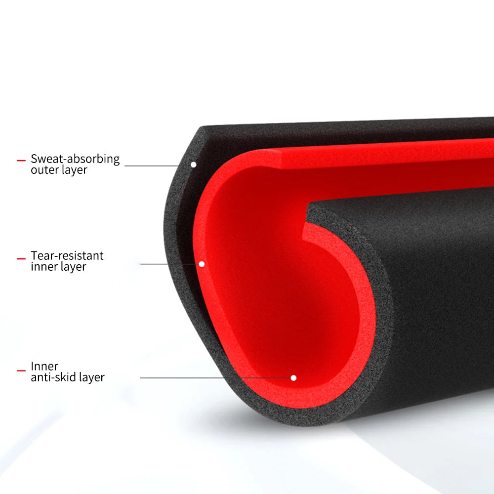 Cross-section of black and red pull-up bar foam grip showing sweat-absorbing outer and anti-skid inner layers.