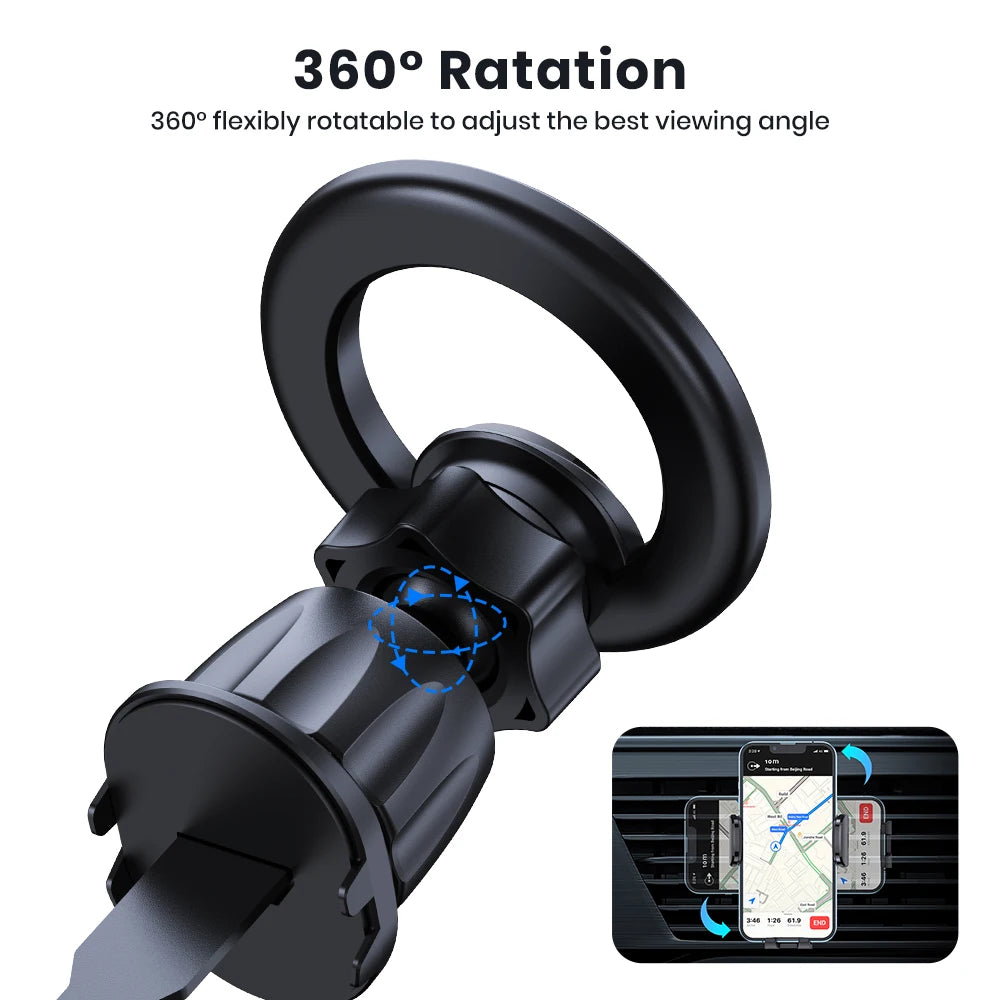 Matte black, circular car phone vent mount with a 360-degree adjustable ball joint design.