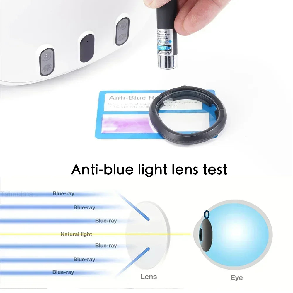 Black magnetic VR eyeglass frame with anti-blue light lens undergoing a blue light test.
