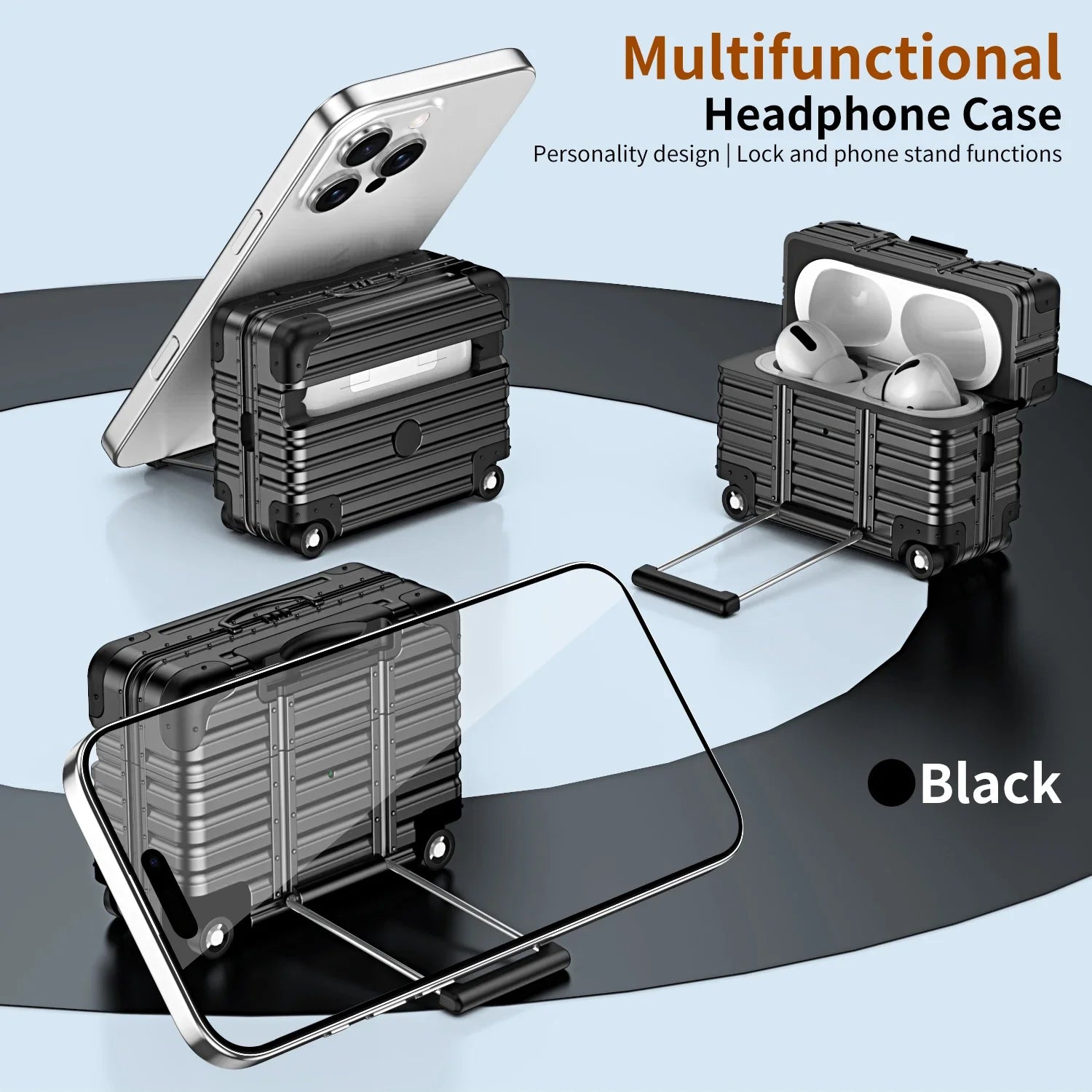 Black luggage-style hard case for AirPods Pro, featuring a built-in phone stand and retractable handle.