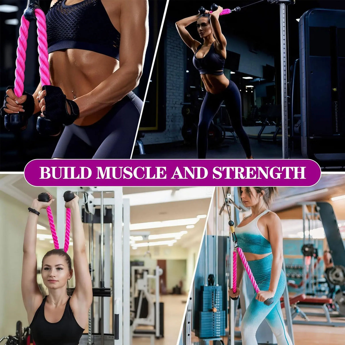 A collage of four photos shows a woman using a pink triceps rope attachment at the gym.