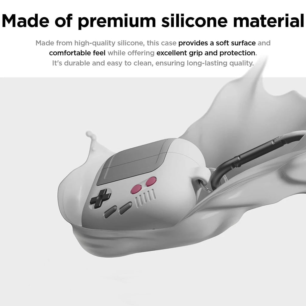 White silicone AirPods Pro case featuring a retro gaming controller design with a black carabiner clip.