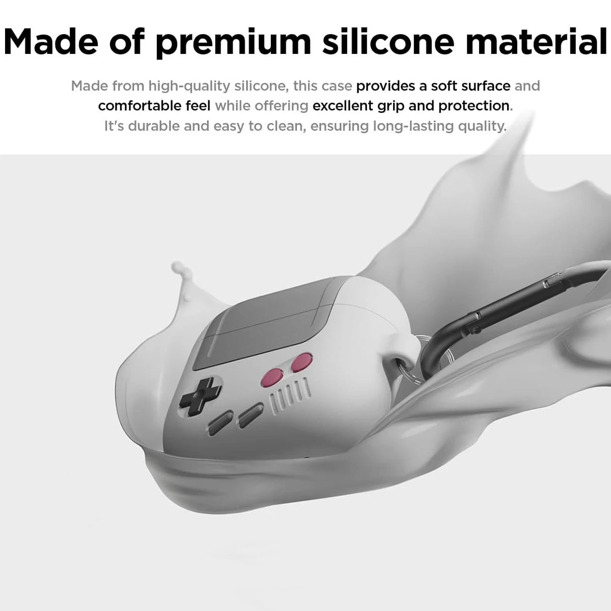 White silicone AirPods Pro case featuring a retro gaming controller design with a black carabiner clip.