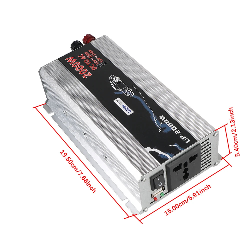 Silver 2000W DC to AC power inverter with USB port, AC socket, and red and black terminals. Dimensions included.