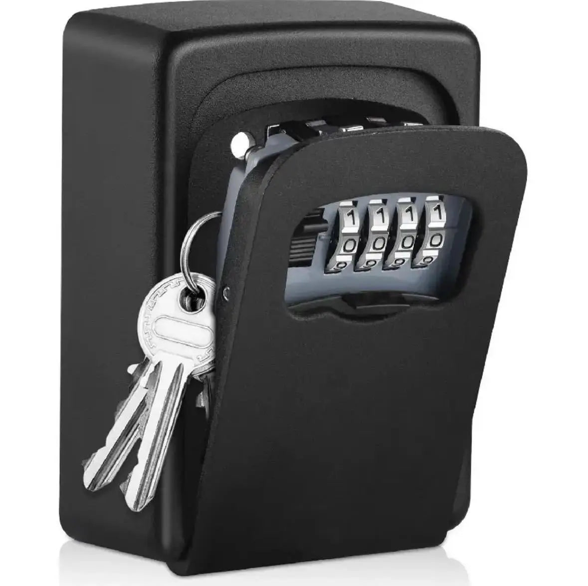 Black metal wall-mounted key lock box with a four-digit combination dial and a hinged cover holding metal keys.