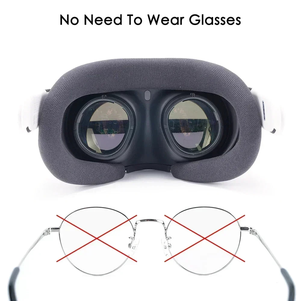 Black magnetic myopia lenses installed inside a Meta Quest 3 VR headset above crossed-out eyeglasses.