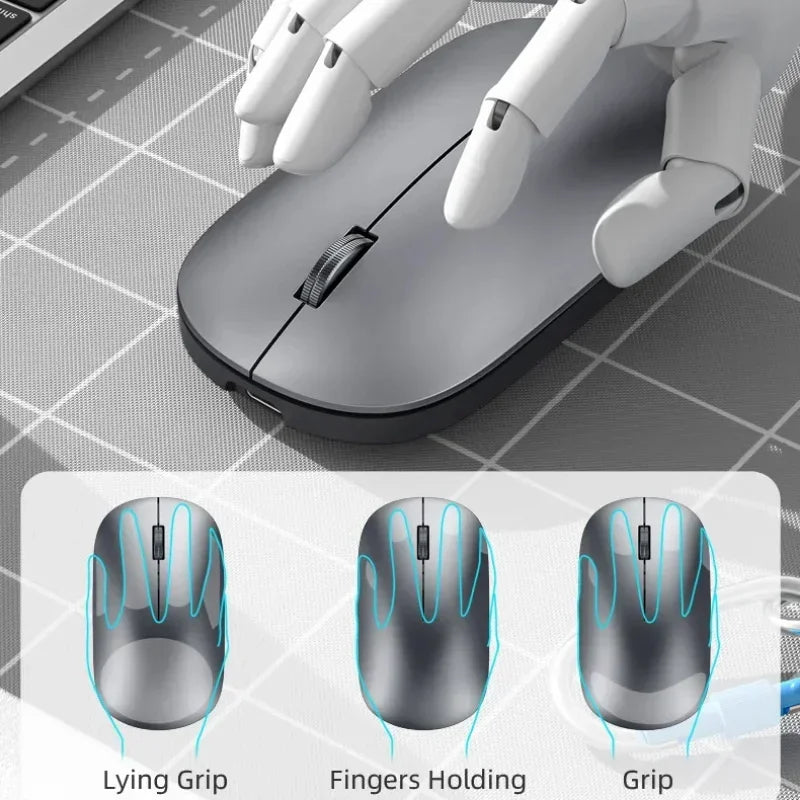 A slim, dark grey wireless ergonomic mouse with a scroll wheel, shown with diagrams of various comfortable grip styles.