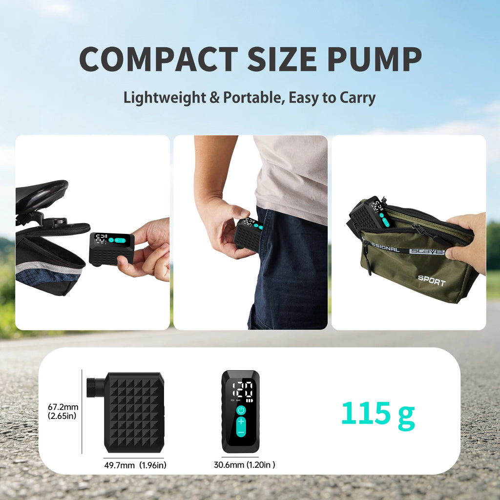Compact black electric bike pump with digital gauge shown being stored in a saddle bag, pocket, and pouch.