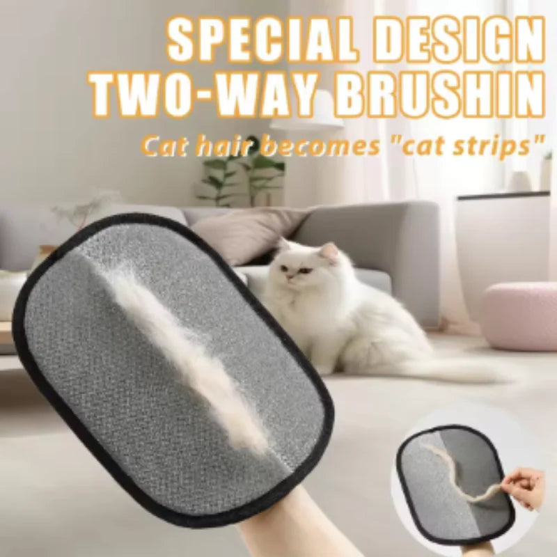 Grey, oval-shaped pet hair removal mitt with black trim, shown collecting white cat fur.