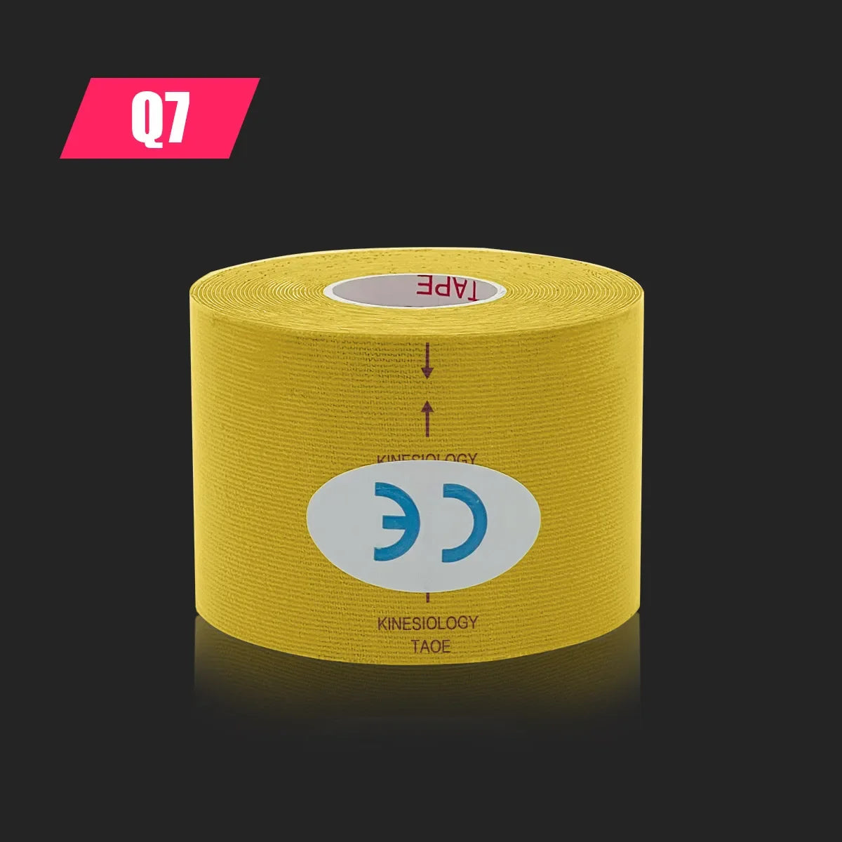 A roll of yellow kinesiology tape with a blue CE mark and directional arrows on a dark background.