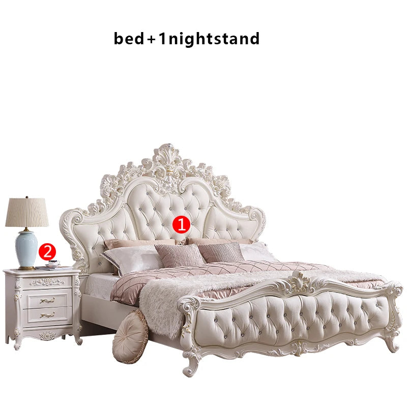 Luxury cream upholstered bed with an ornate carved headboard, button tufting, and a matching bedside table.